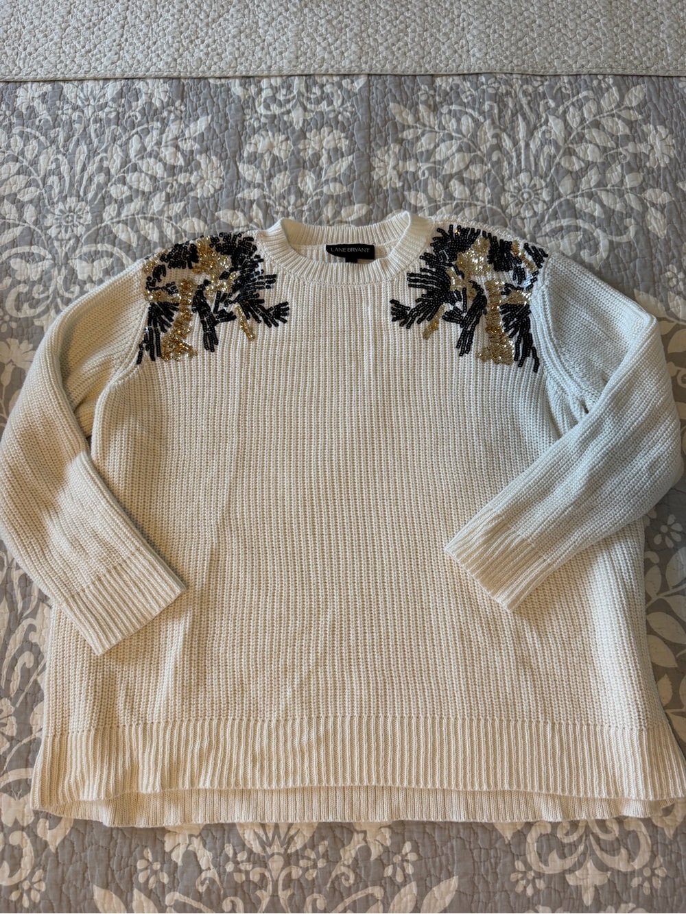 Lane Bryant Cream Crewneck Sweater with Gold & Black Sequin Floral Shoulders